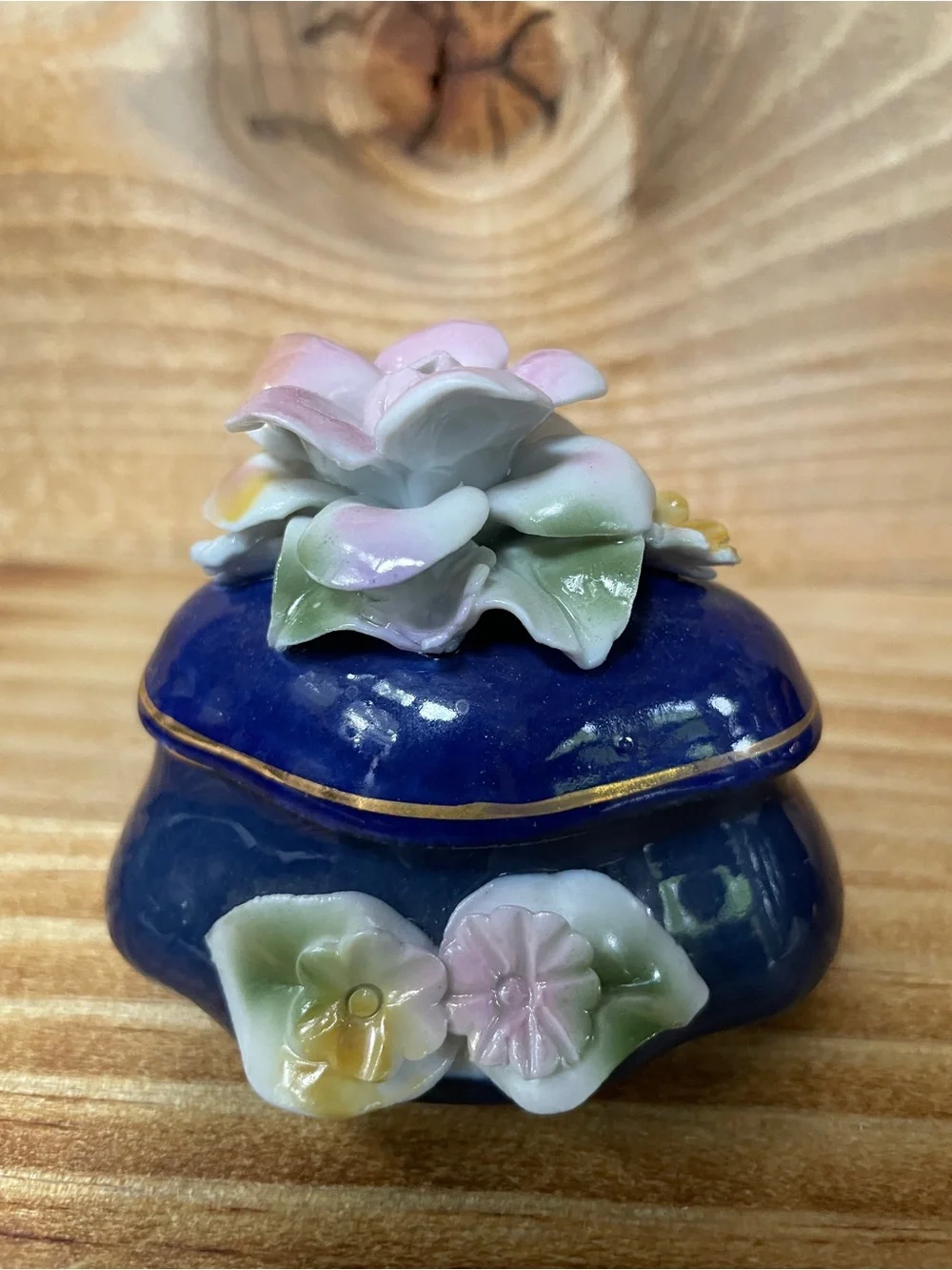 Blue Romanian Porcelain Trinket Boxes with Pink Floral Lids